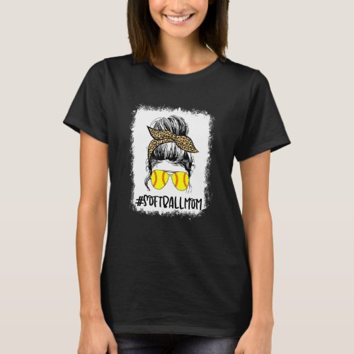 Bleached Softball Mom Life Leopard Messy Bun Game  T_Shirt