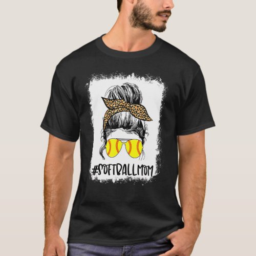 Bleached Softball Mom Life Leopard Messy Bun Game  T_Shirt