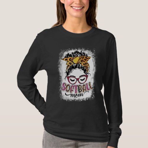 Bleached Softball Mom Life Leopard Messy Bun Mothe T_Shirt