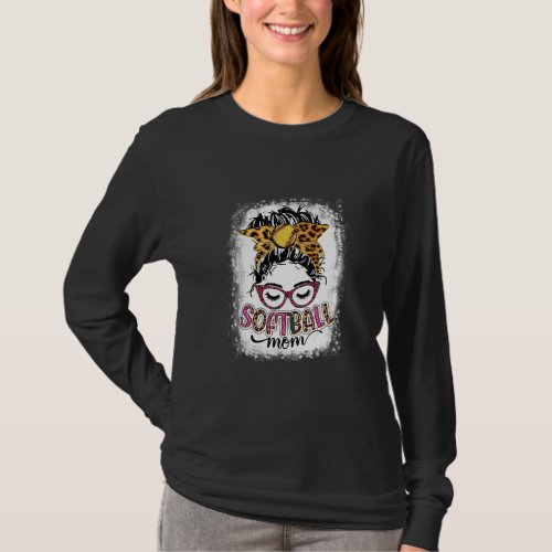 Bleached Softball Mom Life Leopard Messy Bun Mothe T_Shirt