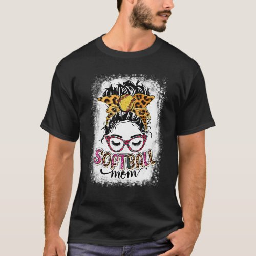 Bleached Softball Mom Life Leopard Messy Bun Mothe T_Shirt