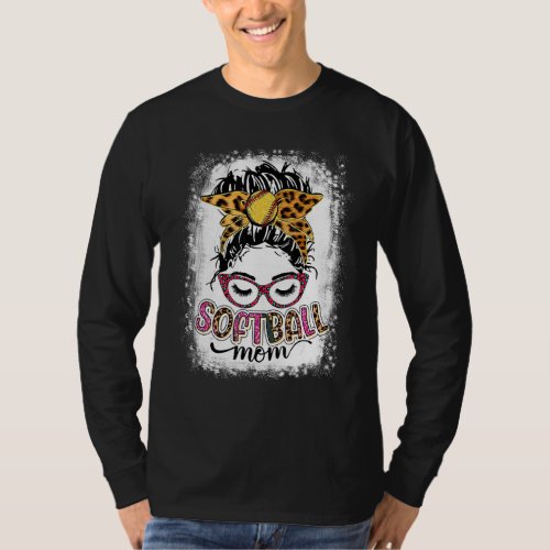 Bleached Softball Mom Life Leopard Messy Bun Mothe T_Shirt