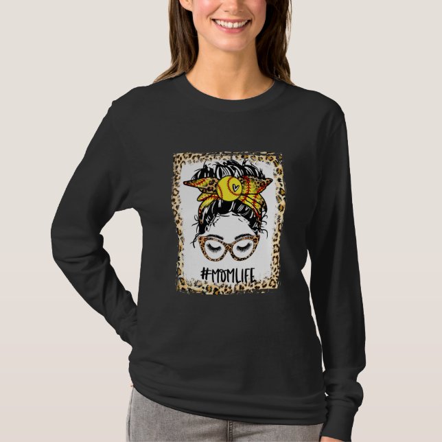 Bleached Softball Mom Messy Bun Game Day Mothers D T-Shirt (Front)