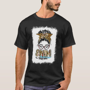 Bleached Swim Mom Leopard Messy Bun Swimmer Mom Mo T-Shirt