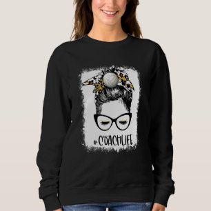Bleached Volleyball Coach Life Leopard Messy Bun V Sweatshirt