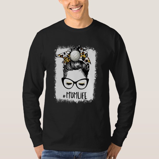 Bleached Volleyball Mom Life Leopard Messy Bun Gam T-Shirt (Front)