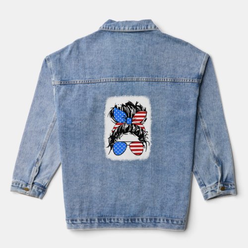 Blechedmessy Bun Women America Flag  American Mom  Denim Jacket