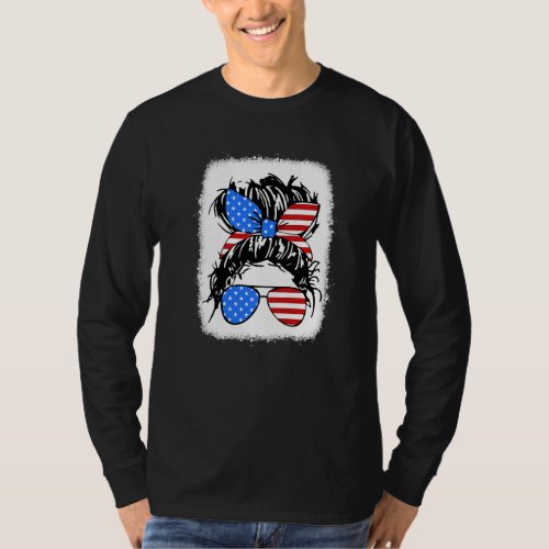 Blechedmessy Bun Women America Flag  American Mom T_Shirt