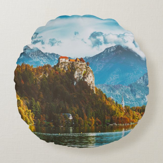 Bled Castle: Slovenian Cliff Overlook. Round Pillow (Front)