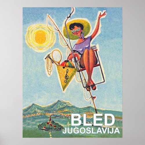 Bled woman on ski lift vintage travel poster