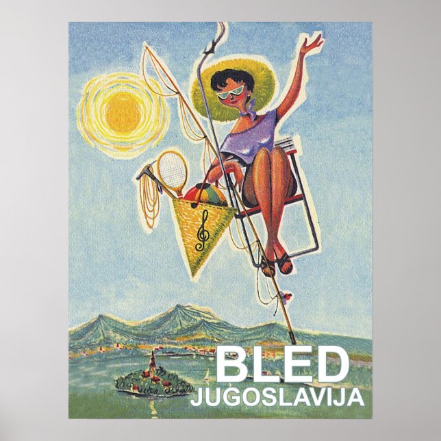Bled, woman on ski lift, vintage travel poster (Front)
