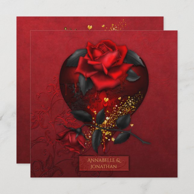 Bleeding Red Roses Black Leaves Gold Wedding | Invitation (Front/Back)