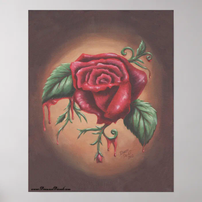 Framed Print Gothic Vampire with Blood Rose Picture Poster Fantasy Art