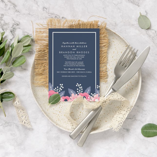 Blended Families Brilliant Blue Floral Wedding Invitation (Creator Uploaded)