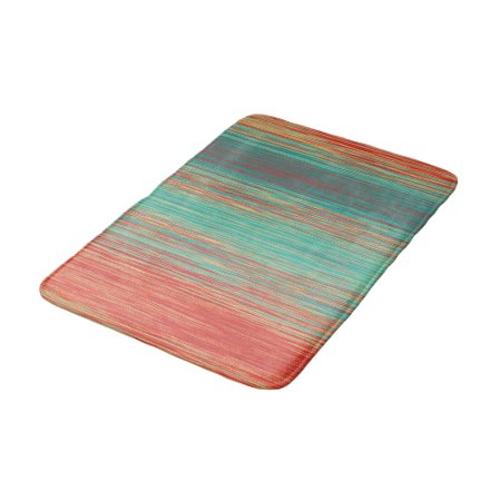 Blended Lines Turquoise Bright Coral Red Stripe Bath Mat