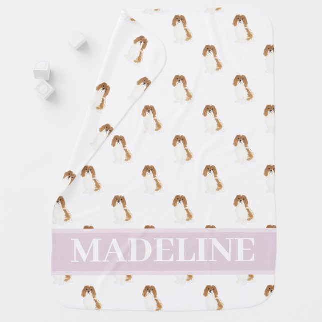 Blenheim Cav King Charles Spaniel Pink & White Baby Blanket (In Situ)