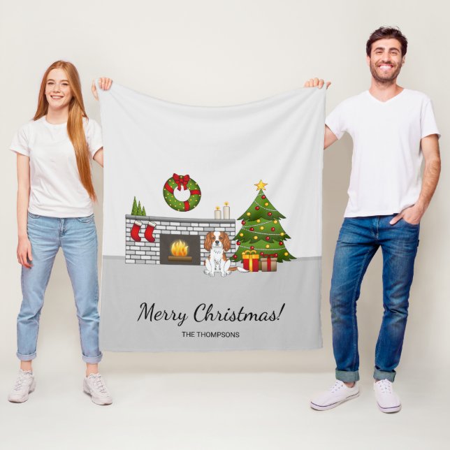 Blenheim Cavalier Dog In A Christmas Room & Text Fleece Blanket (In Situ)