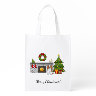 Blenheim Cavalier Dog In A Christmas Room &amp; Text Grocery Bag