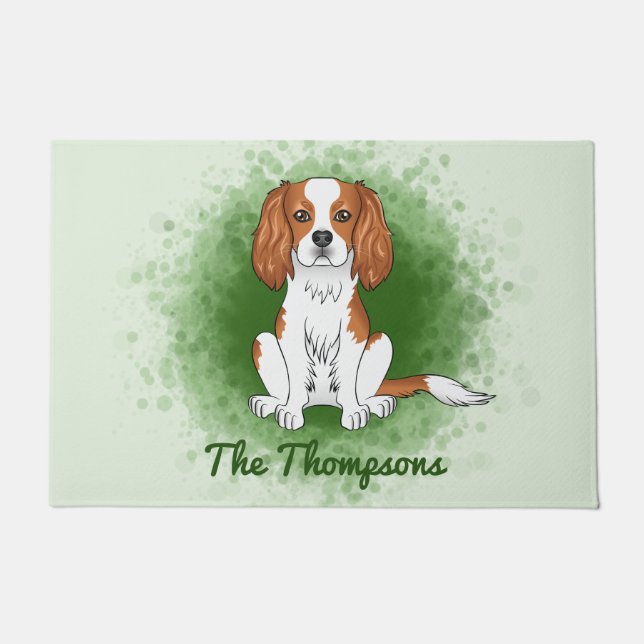 Blenheim Cavalier King Charles Spaniel On Green Doormat (Front)