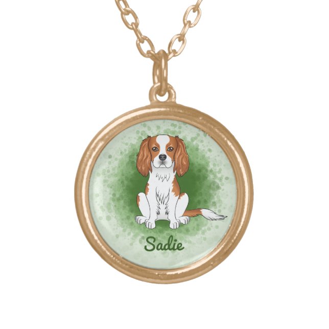 Blenheim Cavalier King Charles Spaniel On Green Gold Plated Necklace (Front)