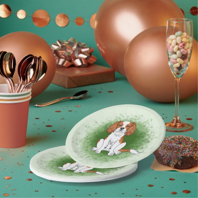 Blenheim Cavalier King Charles Spaniel On Green Paper Plates (Multi)