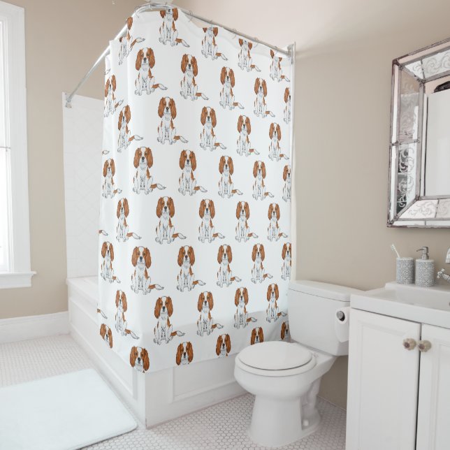 Blenheim Cavalier King Charles Spaniel Pattern Shower Curtain (In Situ)