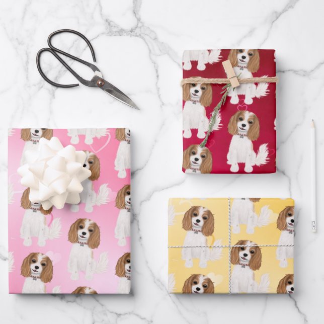Blenheim Cavalier King Charles Spaniel with Hearts Wrapping Paper Sheets (Front)