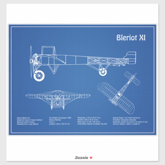 Bleriot XI - Airplane Blueprint Drawing Plans AD Sticker (Sheet)