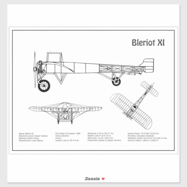 Bleriot XI - Airplane Blueprint Drawing Plans BD Sticker (Sheet)