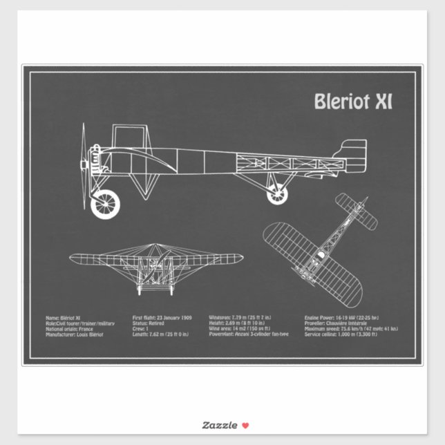 Bleriot XI - Airplane Blueprint Drawing Plans PD Sticker (Sheet)