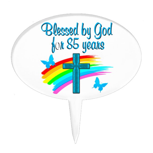 BLESS BY GOD FOR 85 YEARS BLUE CROSS DESIGN CAKE TOPPER (Front)