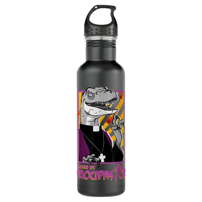 Bless By Velocipastor, Cool Dinosaur Parish Priest Stainless Steel Water Bottle (Front)