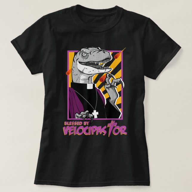 Bless By Velocipastor, Cool Dinosaur Parish Priest T-Shirt (Design Front)