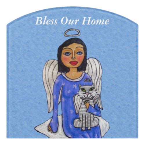 Bless Home Angel on Cloud Holding angel Cat Door Sign