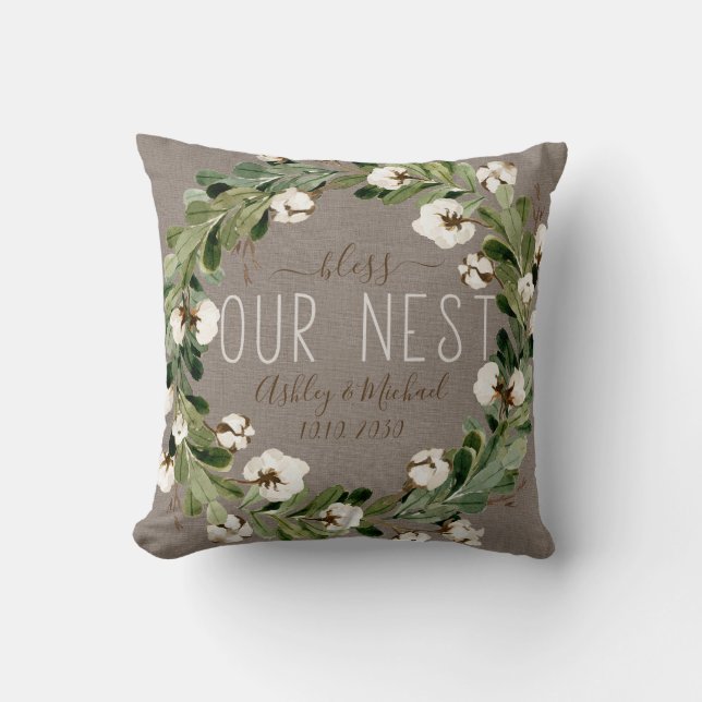 Bless Nest Cotton Wreath Photo Wedding Keepsake Throw Pillow (Front)