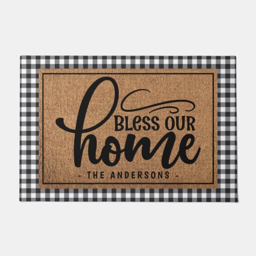 Bless Our Home Farmhouse Plaid Burlap Doormat