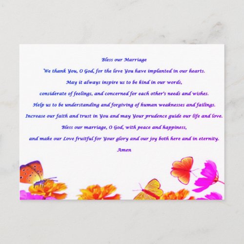 Bless our Marriage prayer Postcard