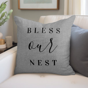 Bless Our Nest   Rustic Gray Farmhouse Throw Pillow