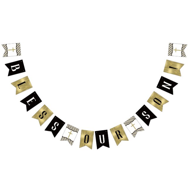 Bless Our Son Banner, Black, Gold Bunting Flags (All)