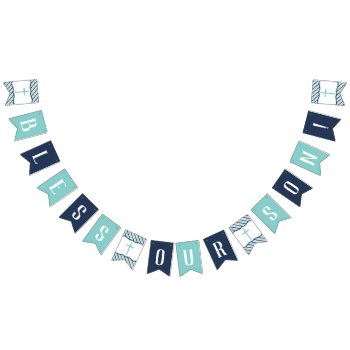 Bless Our Son Banner  Navy  Aqua Bunting Flags by DeReimerDeSign at Zazzle