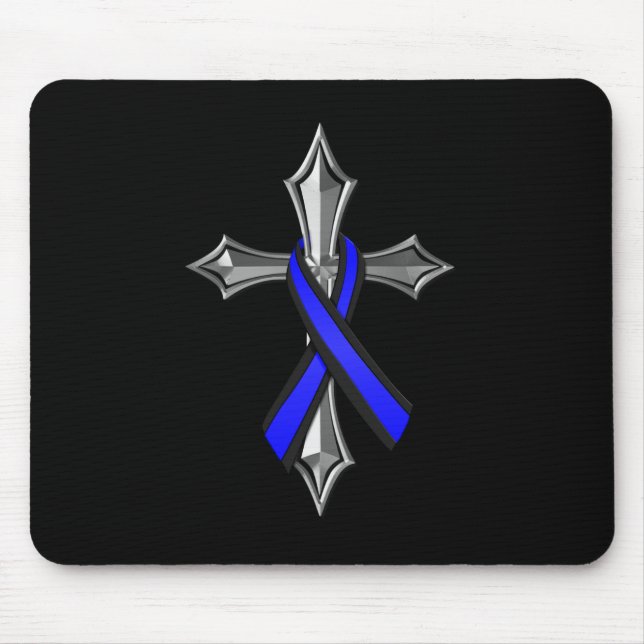 Bless The Thin Blue Line Ribbon and Cross Mouse Pad (Front)