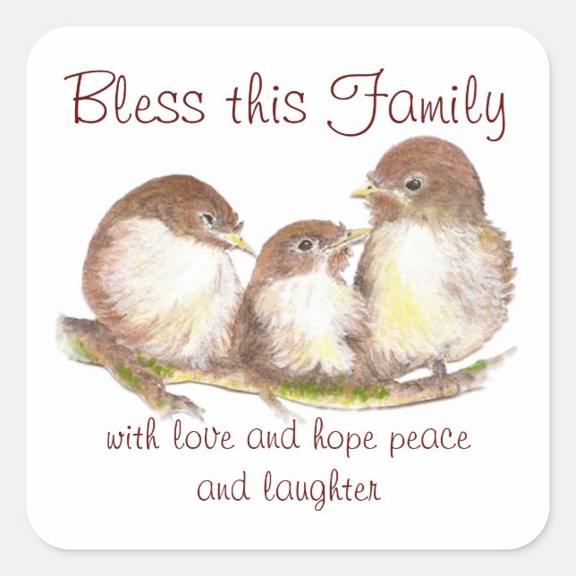 Bless this Family, Quote, Sparrow Birds Square Sticker (Front)