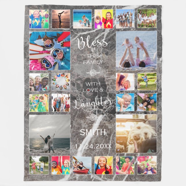 Bless this Family with love 24 Photo Collage Fleece Blanket (Front)
