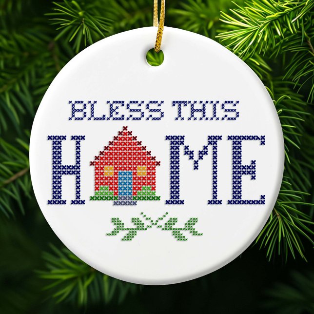 Bless This Home Cross Stitch Ornament (Bless This Home cross stitch needlework embroidery design.)