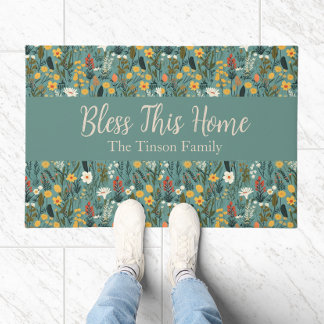 "Bless This Home" Floral Personalizable Doormat