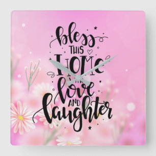 Bless this home Quote with Daisies Square Wall Clock