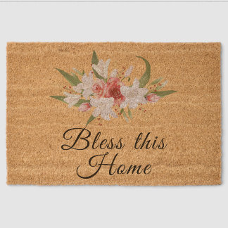Bless This Home Watercolor Floral Design Outdoor Fiber Doormat