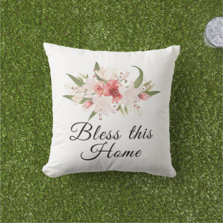 Bless This Home Watercolor Floral Design Outdoor Pillow