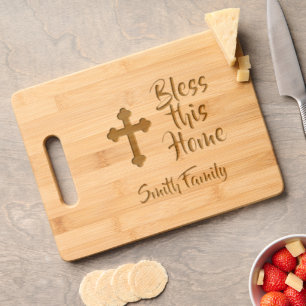 Bless This Home With A Cross Custom Family Name Engraved Cutting Board