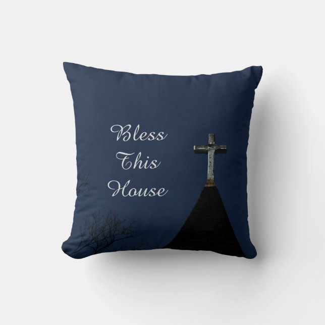 Bless This House Glowing Cross Blue Square Throw Pillow (Front)